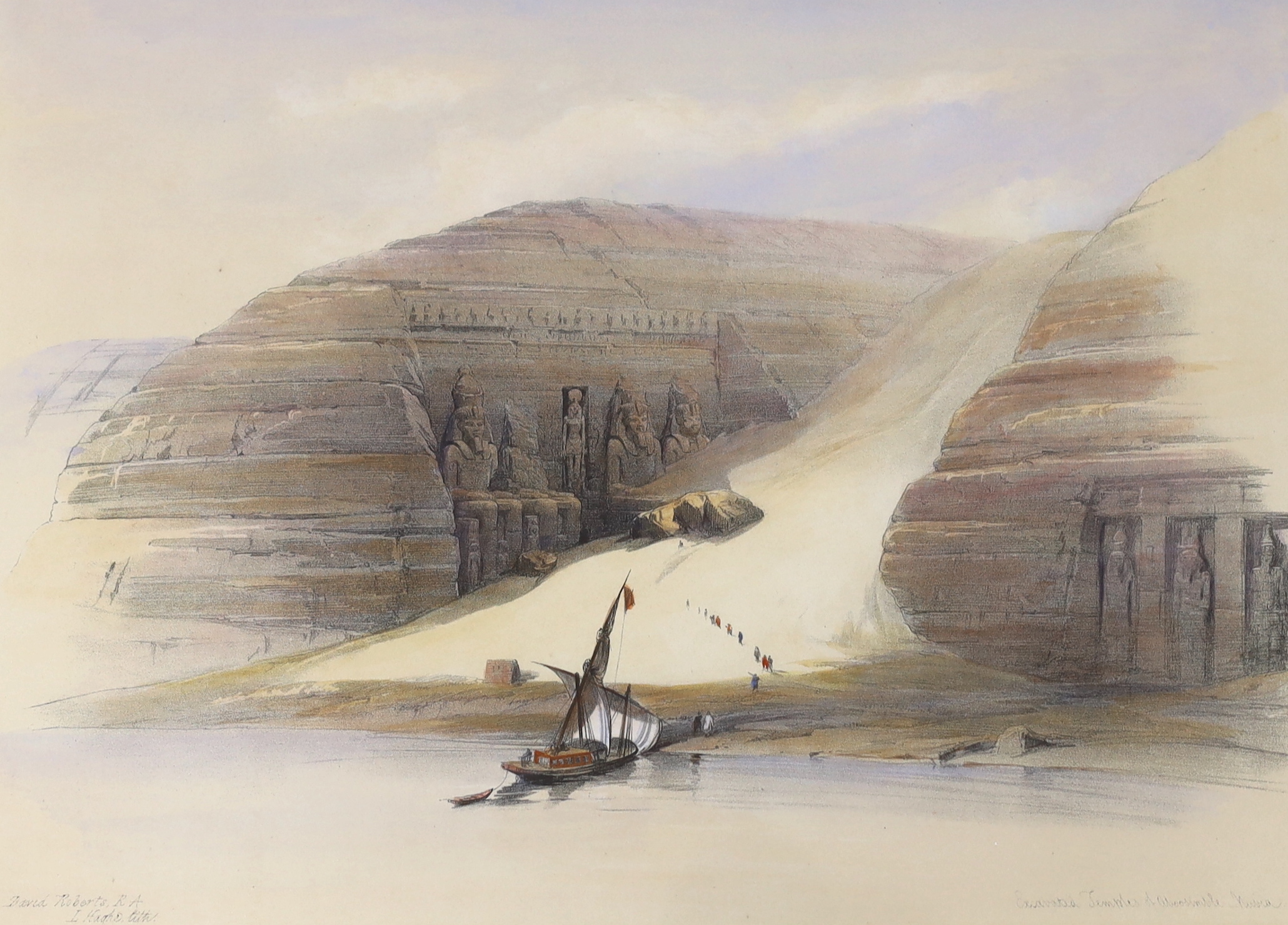 David Roberts (Scottish, 1796-1864), colour lithograph, 'Excavated temples of Abu Simbel', 26 x 36cm